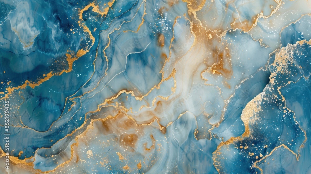 Fototapeta premium Abstract blue marble texture with gold splashes, blue luxury background