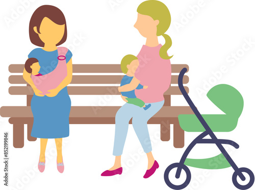 ベンチで仲良く会話する赤ちゃん連れの母親たちのイラスト