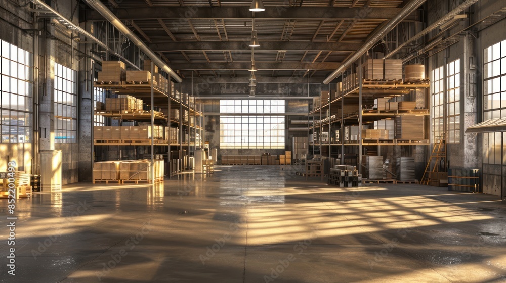 Warehouse interior with shelves, pallets, and boxes. Light modern warehouse logistics transportation distribution packaging centre interior Warehouse interior with shelves, pallets, and boxes. Light modern warehouse logistics transportation distribution packaging centre interior