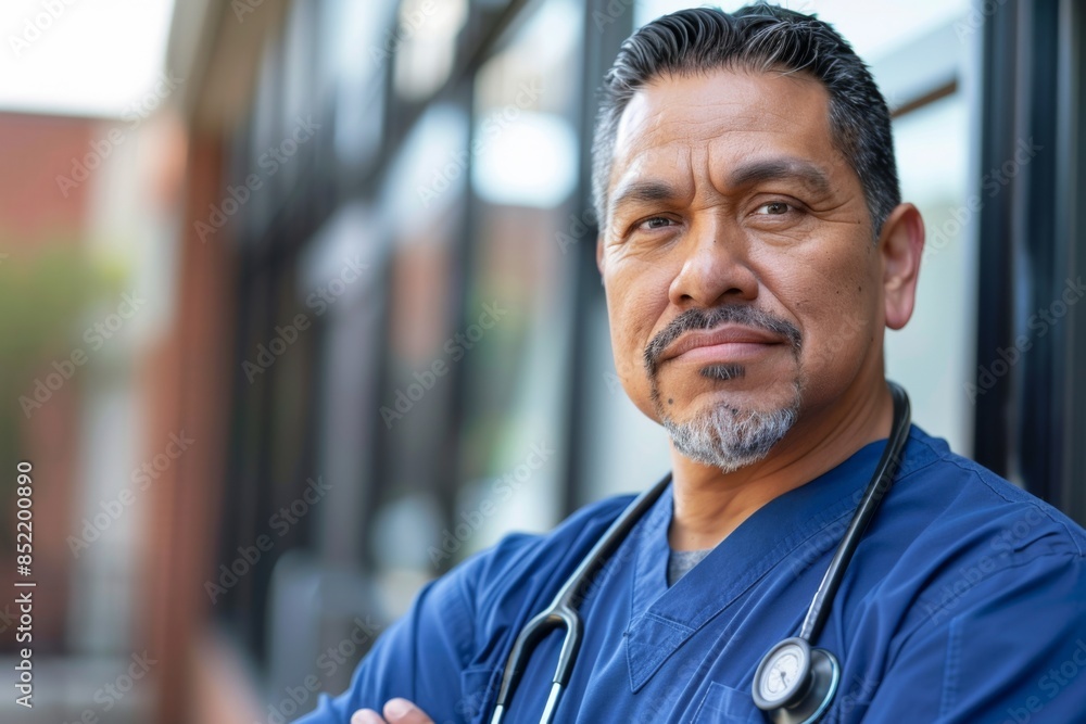 Portrait of a middle aged male registered nurse in hospital corridor Portrait of a middle aged male registered nurse in hospital corridor