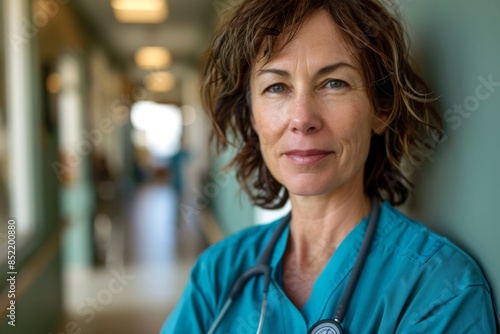 Portrait of a middle aged female registered nurse in hospital corridor