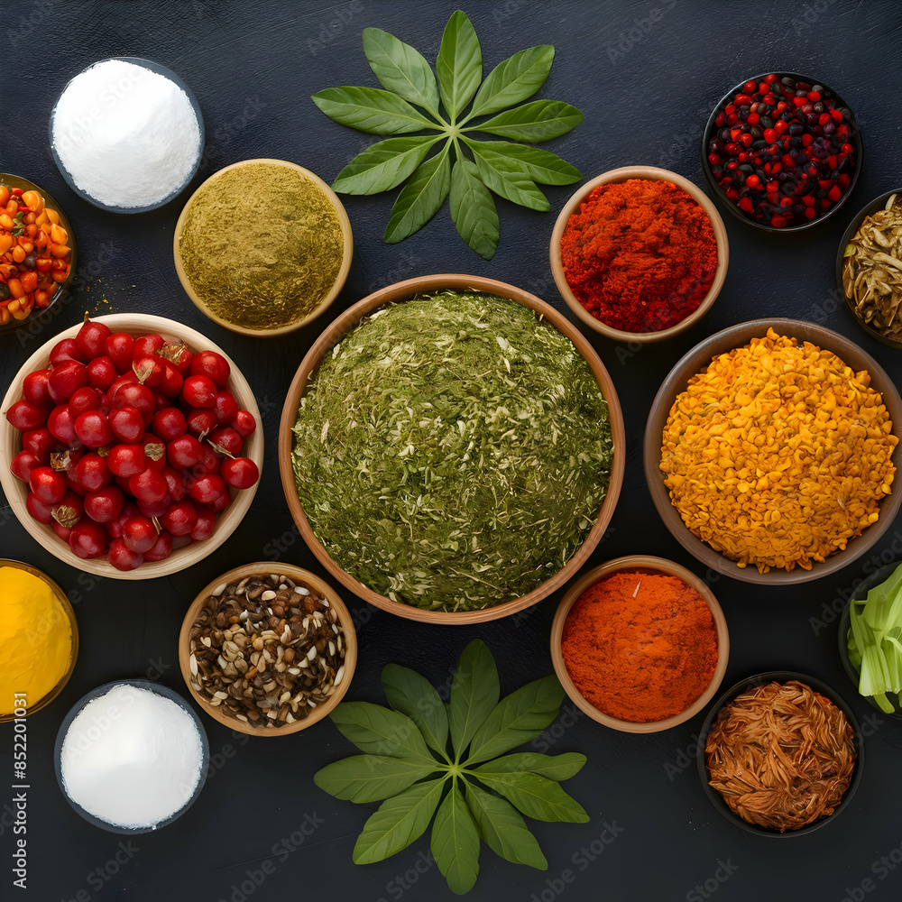 Top view of Herbs and spices isolated on background, ingredients for cooking food, healthy vegetables food, high fibers and vitamins Top view of Herbs and spices isolated on background, ingredients for cooking food, healthy vegetables food, high fibers and vitamins