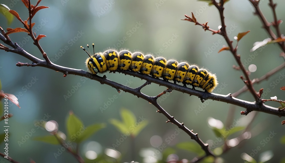 Obraz premium A caterpillar on a tree branch with woods in the background. 