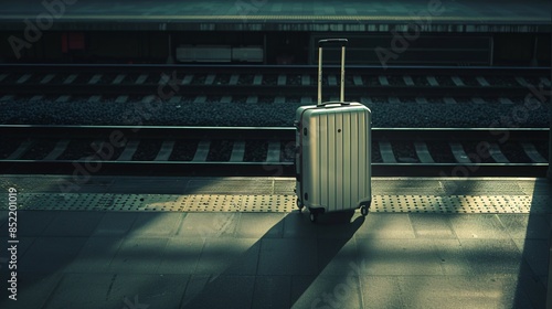 Solitary suitcase at an empty railway station photo