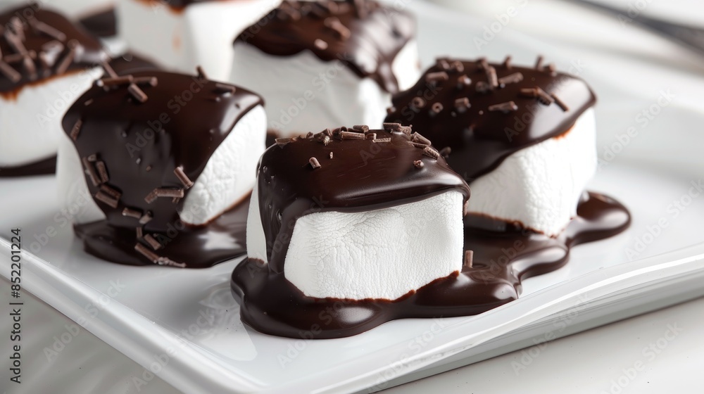 Concept of success A side view of chocolate dipped marshmallows on a white dish Concept of success A side view of chocolate dipped marshmallows on a white dish