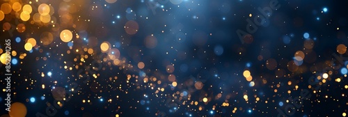 Abstract background with Dark blue and gold particle. Christmas Golden light shine particles bokeh on navy blue background. Gold foil texture. Holiday concept. photo