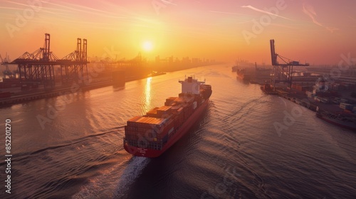 Huge container cargo ship outgoing from port at sunrise photo