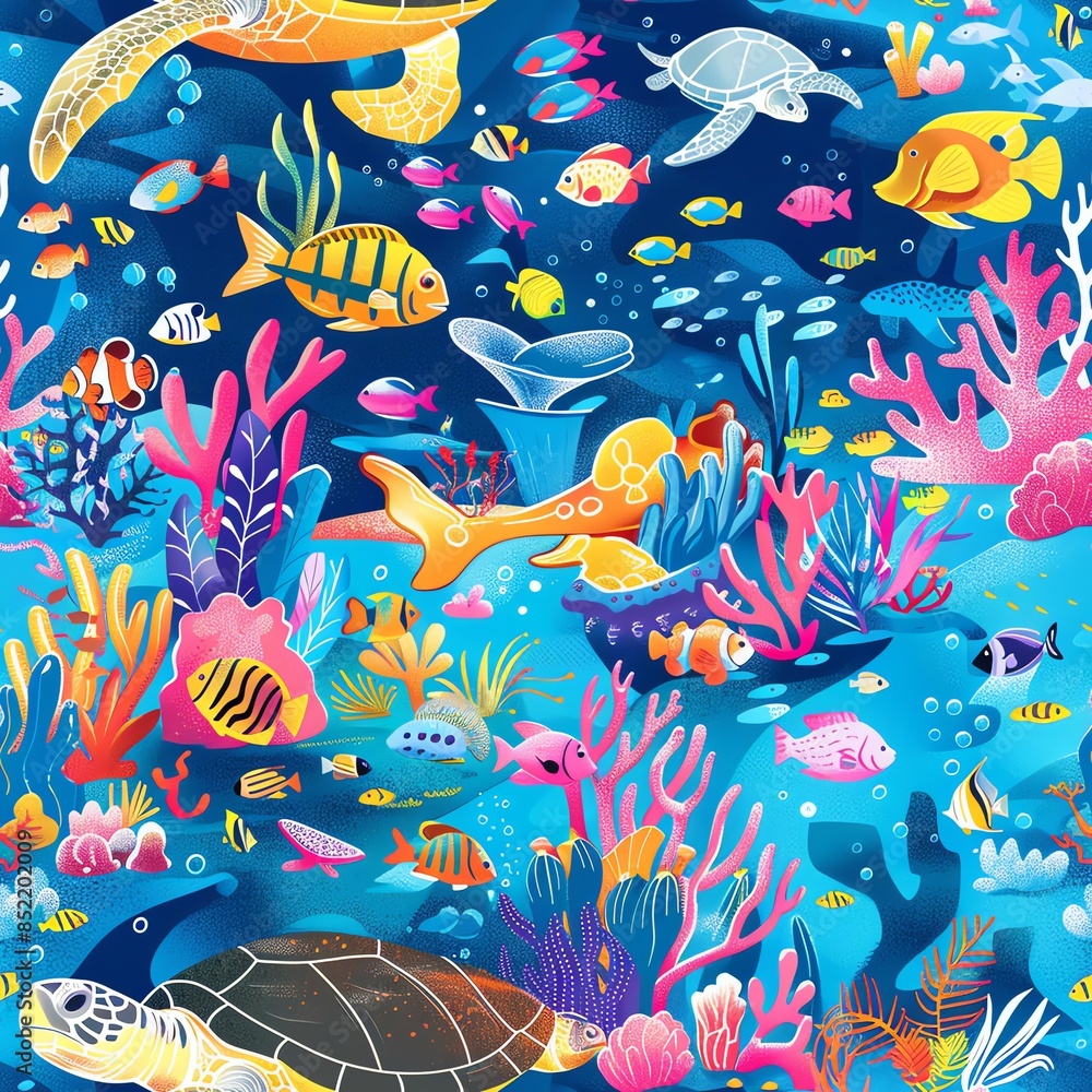 Naklejka premium A vibrant underwater documentary scene showcasing diverse marine life in a coral reef, with schools of colorful fish, sea turtles, and rays coexisting in harmony, perfect for environmental awareness c