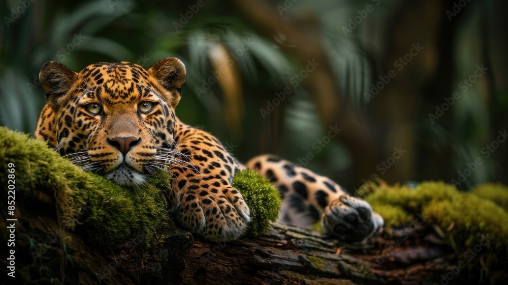 Obraz premium Leopard relaxing in the rainforest on the timber with moss