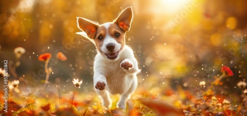 Playful jack russell terrier puppy running in autumn leaves on a sunny day photo