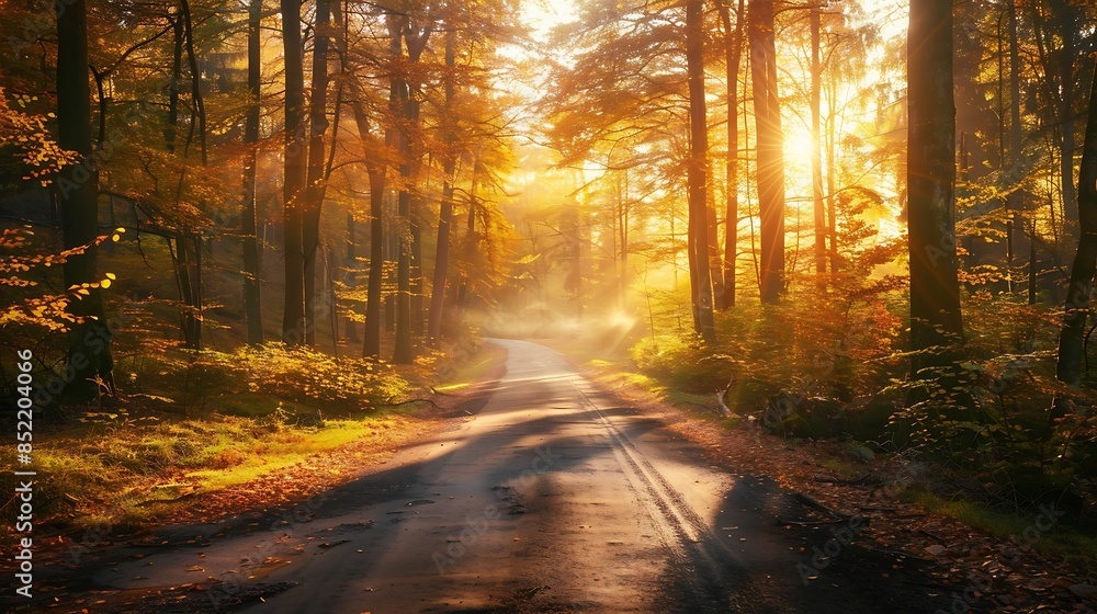 Naklejka premium Forest Road sun shining through trees on a road