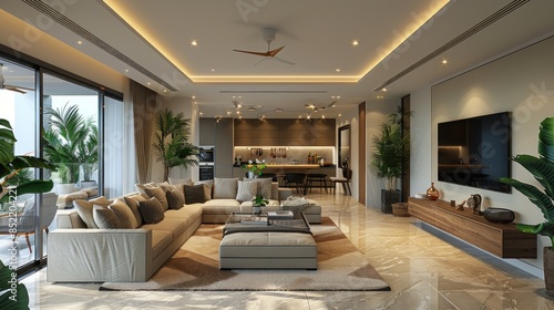 Panoramic interior of modern living room and soft sofa © ROY