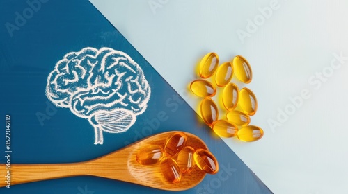 Fish oil capsules with omega 3 in a wooden spoon. Omega 3 benefits for brain