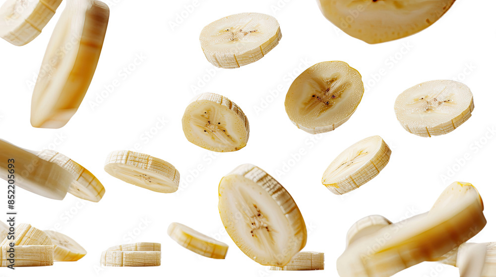 Flying banana pieces on transparent background Flying banana pieces on transparent background