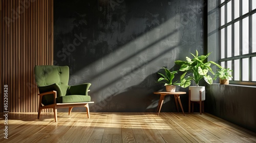 Living room interior has an green armchair on empty dark green wall background. Minimalist interior
