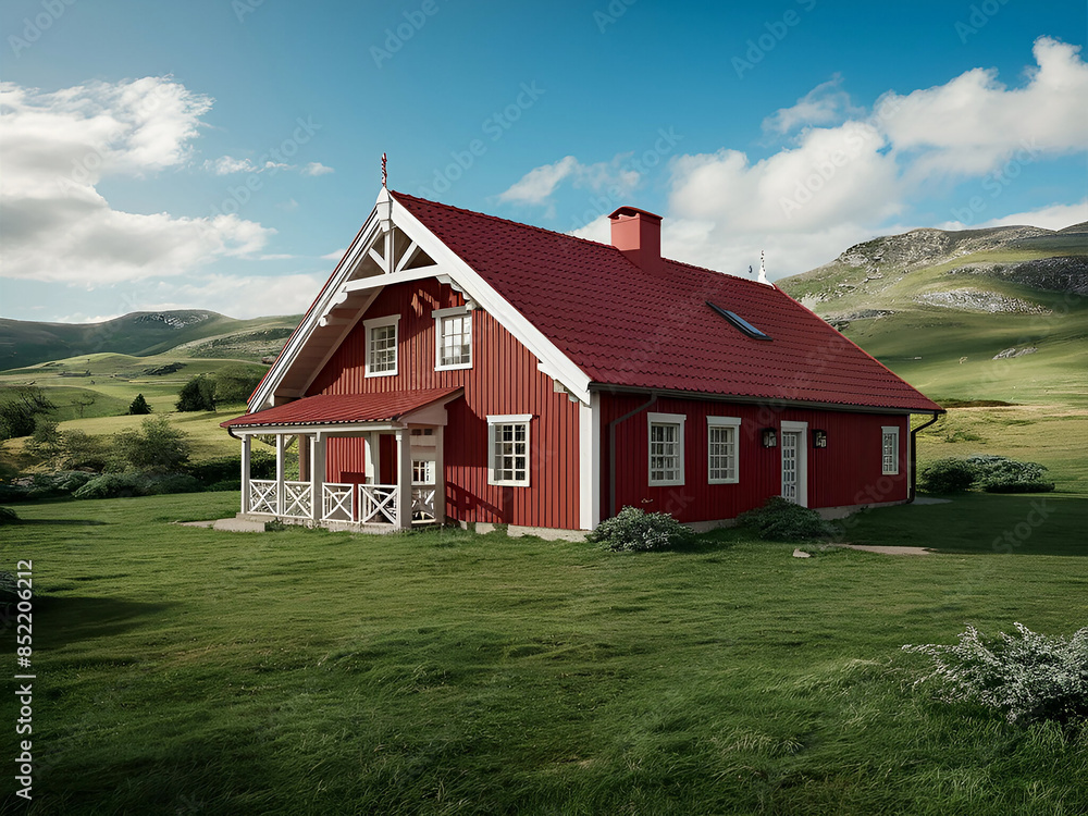 Gran casa rural roja en Suiza, Picturesque house on the background of the Carpathians. Landscape photography. Ai generative Gran casa rural roja en Suiza, Picturesque house on the background of the Carpathians. Landscape photography. Ai generative