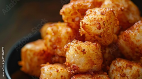 A tater tots close up, food design, dynamic, dramatic composition, with copy space. Generative AI photo