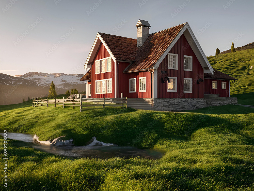 Gran casa rural roja en Suiza, Picturesque house on the background of the Carpathians. Landscape photography. Ai generative Gran casa rural roja en Suiza, Picturesque house on the background of the Carpathians. Landscape photography. Ai generative