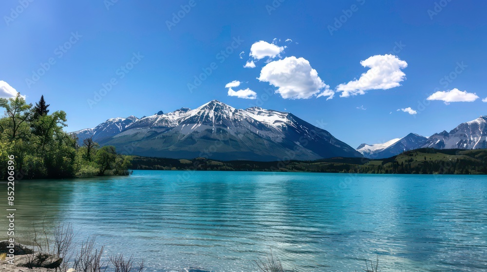 A stunning view of the picturesque Morgan Lake in Canada with its turquoise waters and snowcapped mountains in the background. A stunning view of the picturesque Morgan Lake in Canada with its turquoise waters and snowcapped mountains in the background.