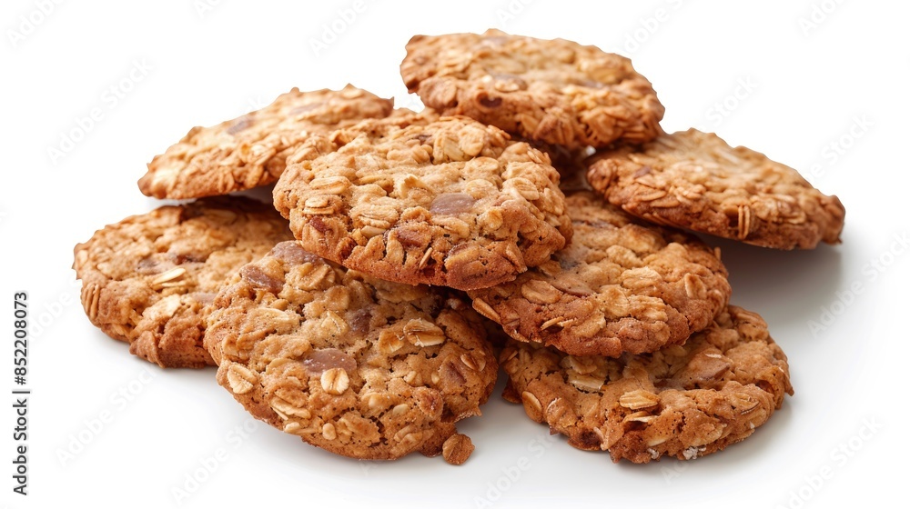 Arrangement of oat cookies on white background ideal for breakfast or snack Arrangement of oat cookies on white background ideal for breakfast or snack