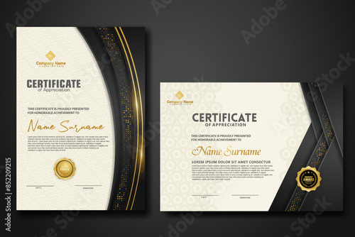 Luxury certificate template with glitter effect dan lines gold shine on frame background