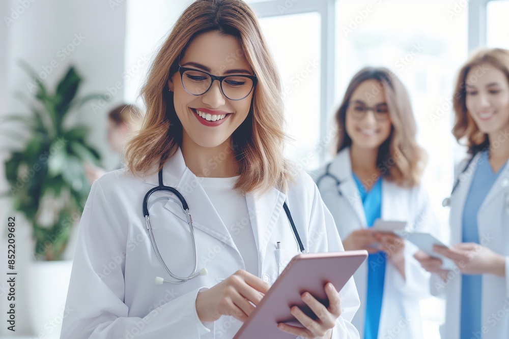 Women, doctors and happy with tablet in hospital for patient information, appointment and schedule. Database, medical and healthcare practitioner with technology for telehealth, service and medicin Women, doctors and happy with tablet in hospital for patient information, appointment and schedule. Database, medical and healthcare practitioner with technology for telehealth, service and medicin
