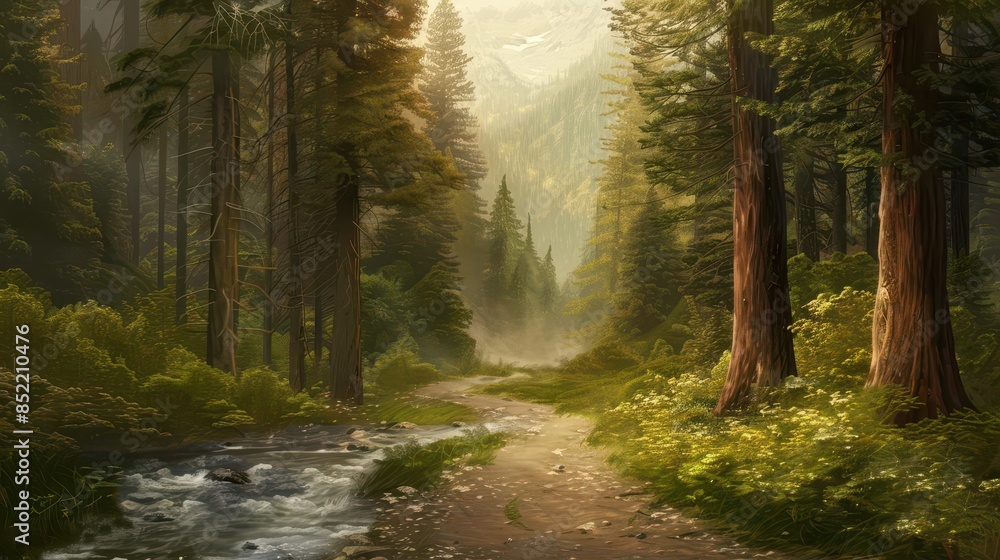 Fototapeta premium enchanting journey along a scenic forest road winding through ancient towering trees and cascading streams inviting exploration and wonder digital painting