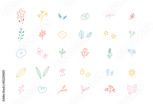 花　植物　手書き　線画　イラスト　素材　セット	葉