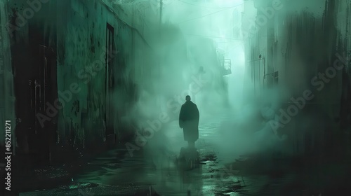 enigmatic wanderer silhouetted figure in fogdrenched alley cinematic thriller atmosphere digital painting © Bijac