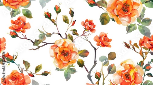 Orange small rose flowers seamless pattern with raster multicolored branches on white background photo