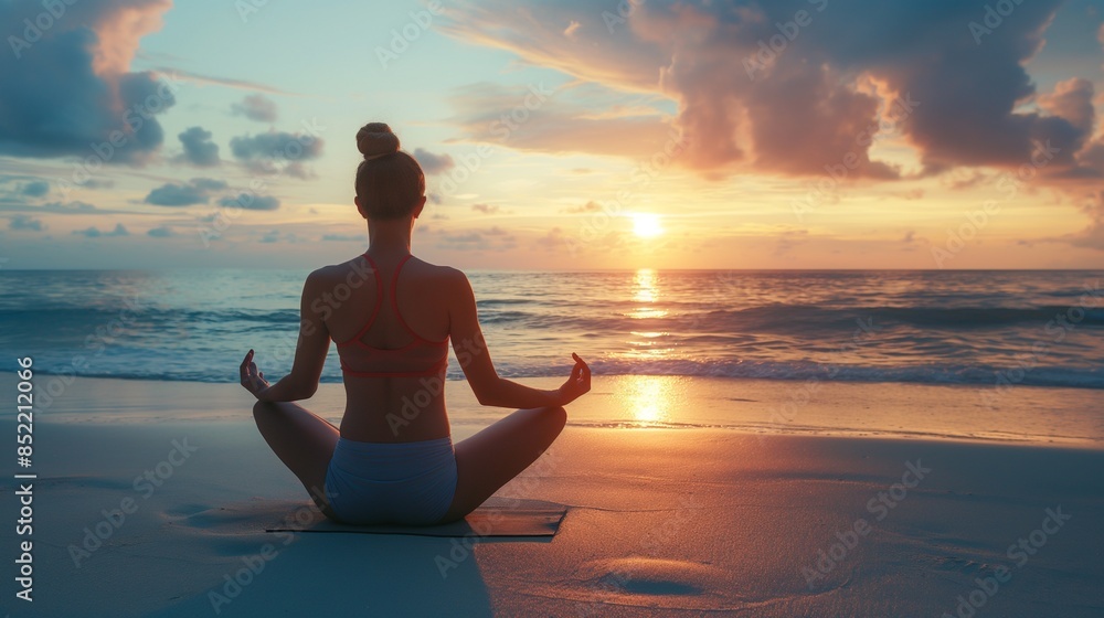 Young woman practicing yoga on sand at beach during sunset Young woman practicing yoga on sand at beach during sunset