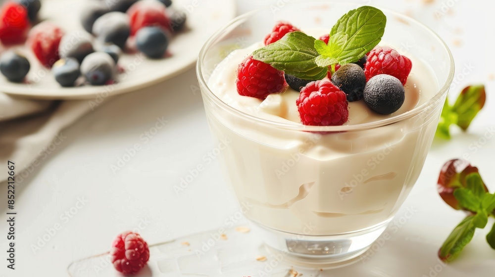 Closeup of a glass bowl filled with tasty yogurt on a white table Closeup of a glass bowl filled with tasty yogurt on a white table