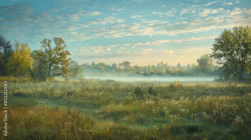 A dreamy meadow bathed in soft green light blends into the tranquil blue hues of an autumn sunrise encapsulating the essence of Earth Day A dreamy meadow bathed in soft green light blends into the tranquil blue hues of an autumn sunrise encapsulating the essence of Earth Day