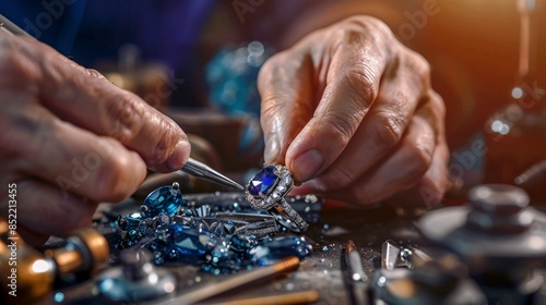 Master jeweler crafts sapphire diamond ring in workshop.