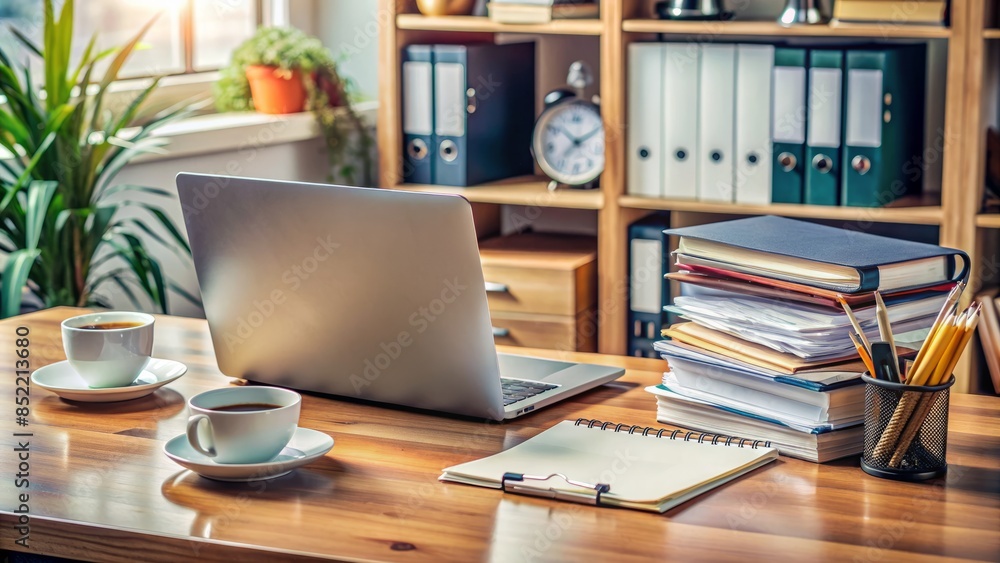 Office workspace cluttered with laptop, papers, folders, pens, and coffee cup, surrounded by scattered documents and a clock on a wooden desk. Office workspace cluttered with laptop, papers, folders, pens, and coffee cup, surrounded by scattered documents and a clock on a wooden desk.