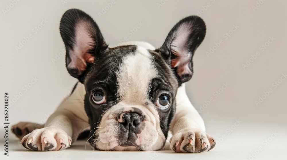 Amusing French bulldog puppy on a light background Amusing French bulldog puppy on a light background