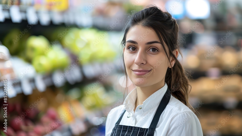 friendly female supermarket employee looking at camera blurred grocery store background friendly female supermarket employee looking at camera blurred grocery store background