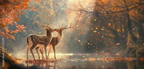  Two deer in love kissing each other by the river