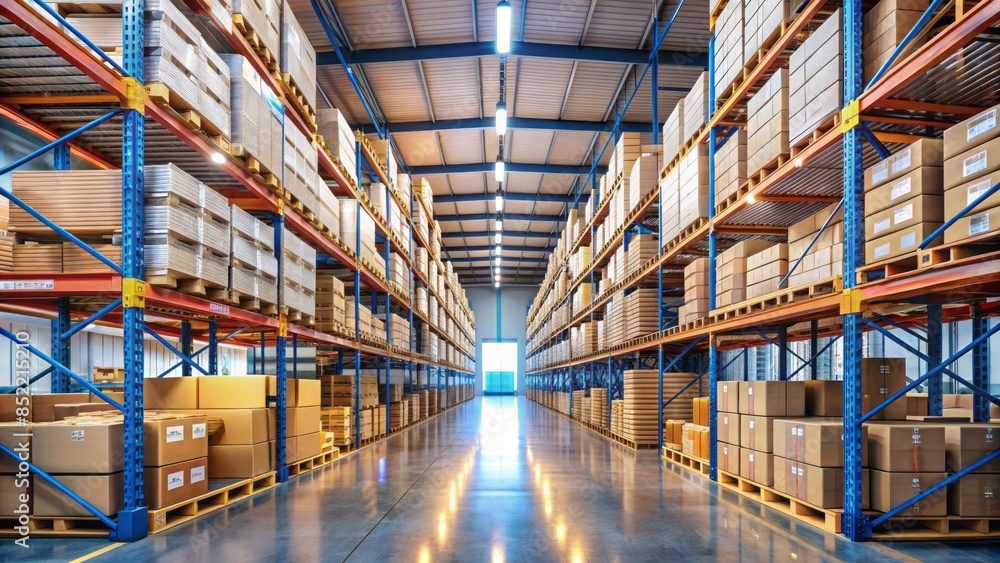 Empty warehouse aisle with neatly stacked cardboard boxes, pallets, and shelves, highlighting industrious workplace atmosphere, logistical efficiency, and storage capacity. Empty warehouse aisle with neatly stacked cardboard boxes, pallets, and shelves, highlighting industrious workplace atmosphere, logistical efficiency, and storage capacity.