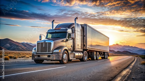 A solitary 18-wheeler sits idle on a deserted highway, its massive wheels and tires standing tall, awaiting a meticulous safety inspection before embarking on its journey.
