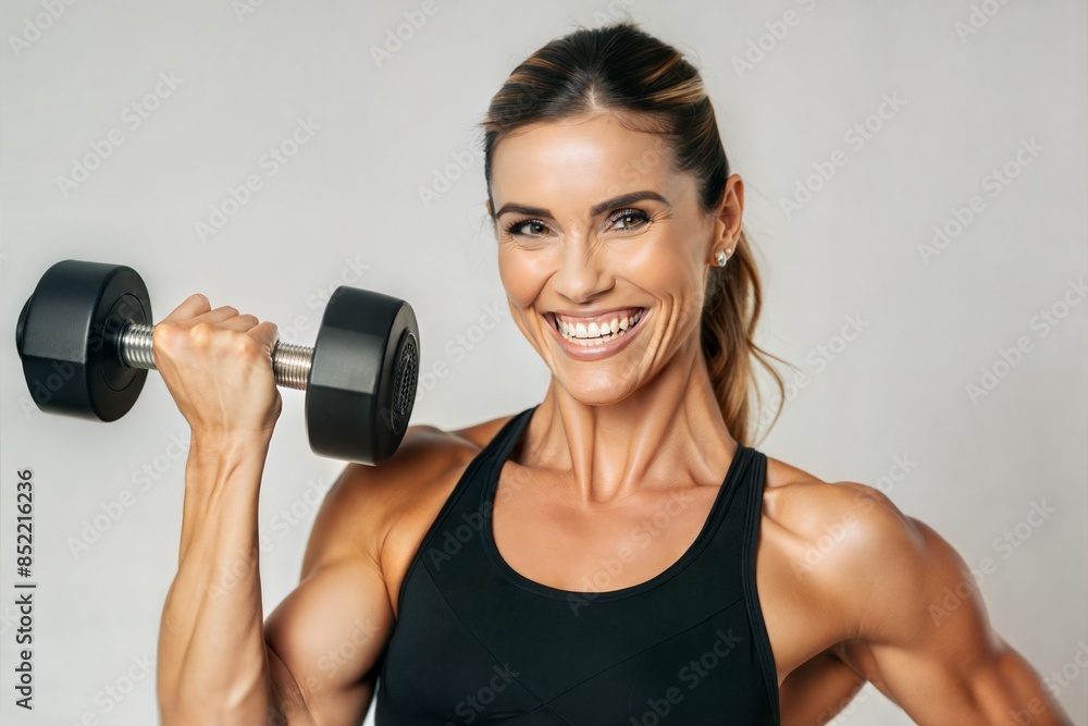 A fitness trainer in gym attire, smiling exuberantly while holding a dumbbell.
A fitness trainer in gym attire, smiling exuberantly while holding a dumbbell.