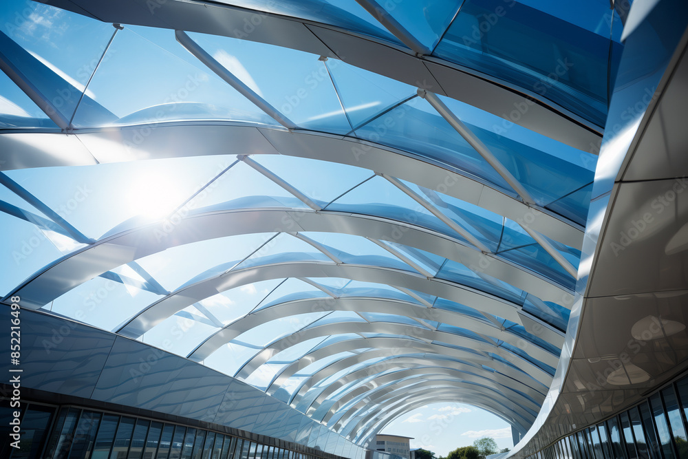 Fototapeta premium Close-up of a new building's roof adorned with solar panels, modern architecture, sunny day