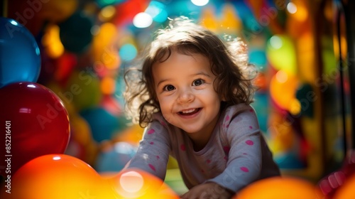 Cheerful toddler in a colorful playroom, soft focus, eye-level, bright indoor lighting