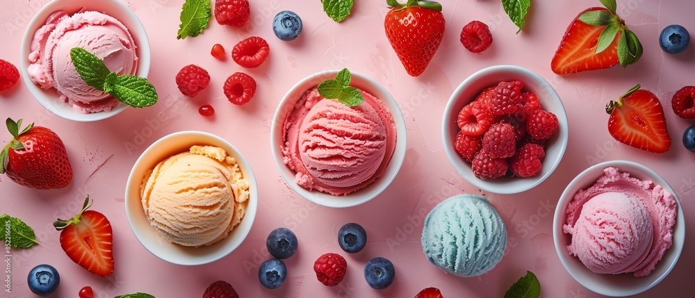 Refreshing flat lay design for summer desserts, featuring ice cream, sorbets, and fruity toppings Refreshing flat lay design for summer desserts, featuring ice cream, sorbets, and fruity toppings
