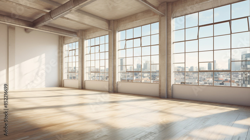 Empty modern loft interior, large windows, soft daylight, wide angle