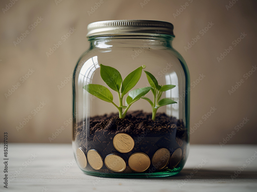 Green plant growth in coin jar. copy space for business and financial growth concept. Ai generative Green plant growth in coin jar. copy space for business and financial growth concept. Ai generative