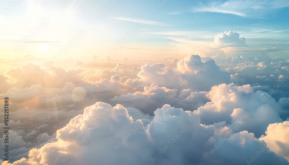 An airplane view large white clouds on soft sky background An airplane view large white clouds on soft sky background