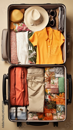 Open travel suitcase with neatly packed clothes and accessories, preparing for a trip, top view