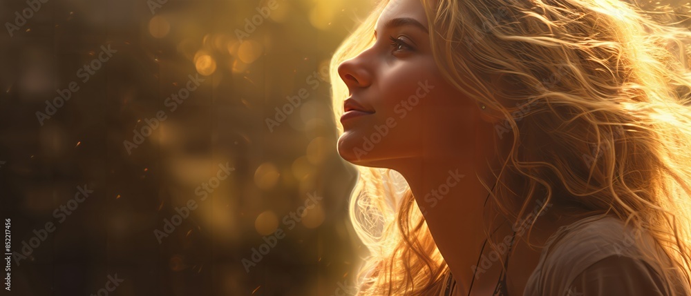 Profile of a woman illuminated by a sunbeam, serene outdoor scene, detailed, soft lighting Profile of a woman illuminated by a sunbeam, serene outdoor scene, detailed, soft lighting