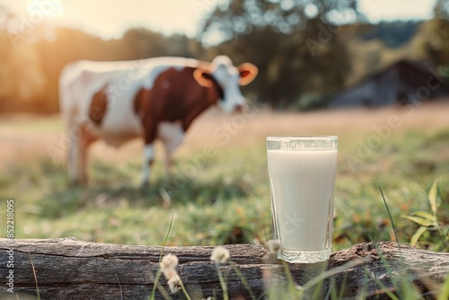 Glass of milk on the background of a cow in the field.